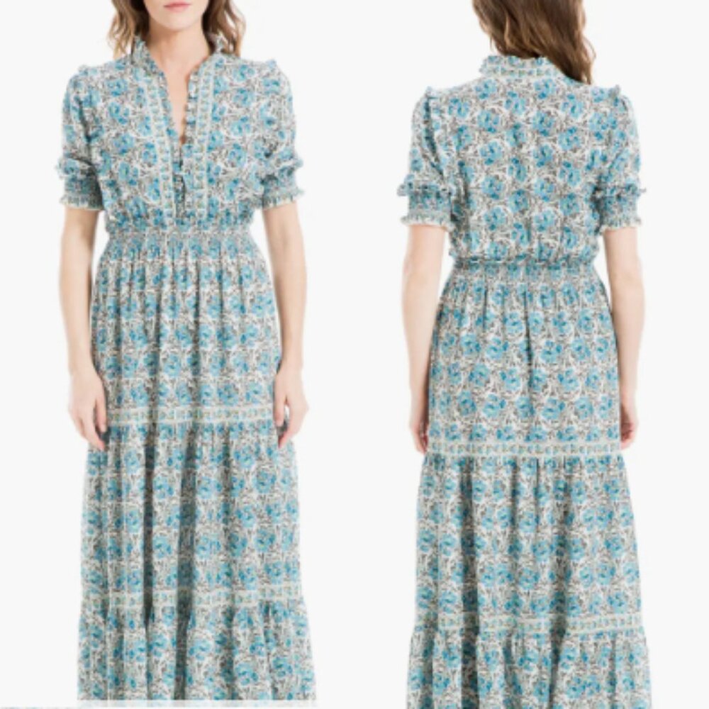 Max Studio Elbow Length Sleeve Print Tiered Maxi Dress ditsy floral Green White - Picture 3 of 17